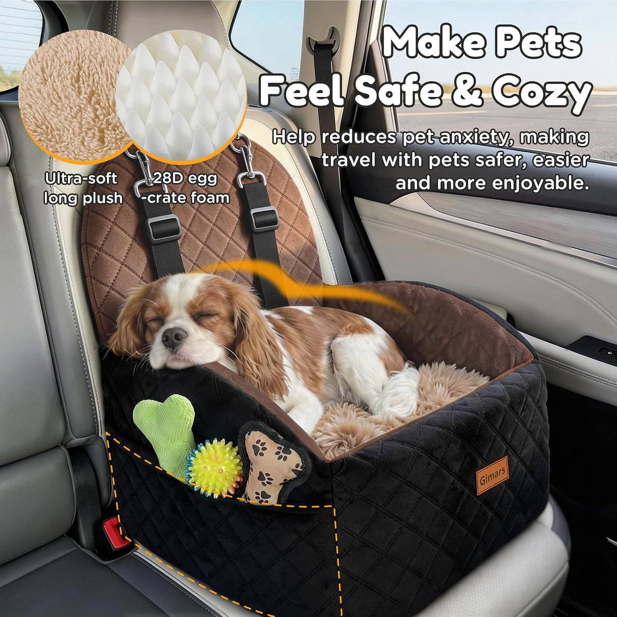 gimars reversible dog car seat with long&short plush, side view