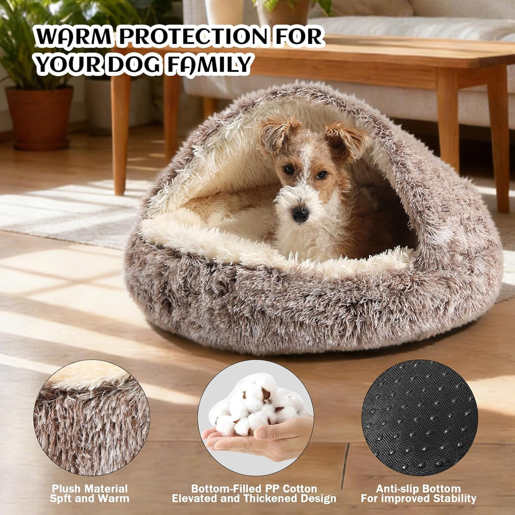 noyal hooded donut bed, calming cave for cats shown in use