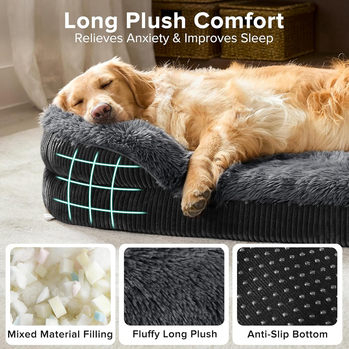 invenho fluffy orthopedic dog beds large sized dog, side view