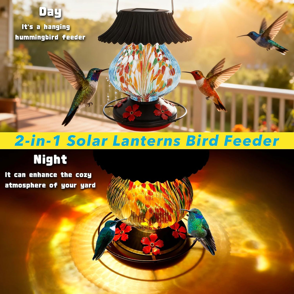 solar hummingbird feeder, hand blown glass multicolor night showing dimensions