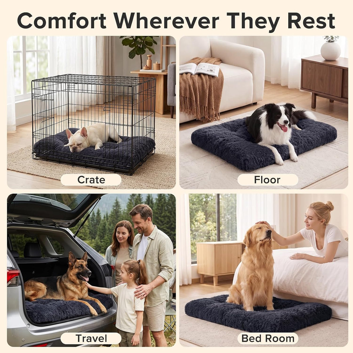 joejoy large dog bed crate pad, deluxe plush, front angle view