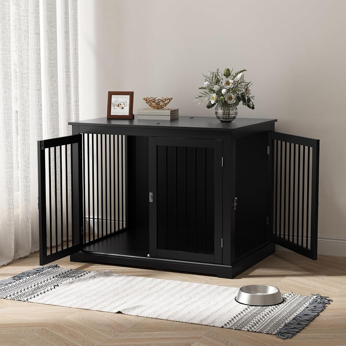 pupetpo dog crate furniture, wooden dog kennel with showing dimensions