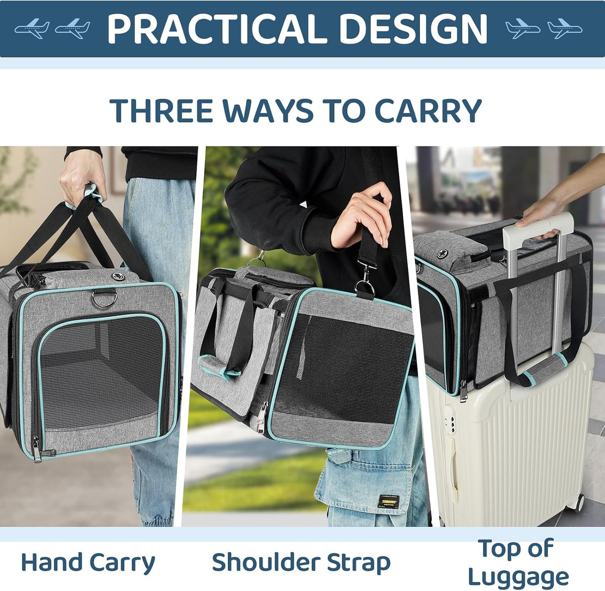 gapzer cat carrier american, united, delta airline approved showing dimensions