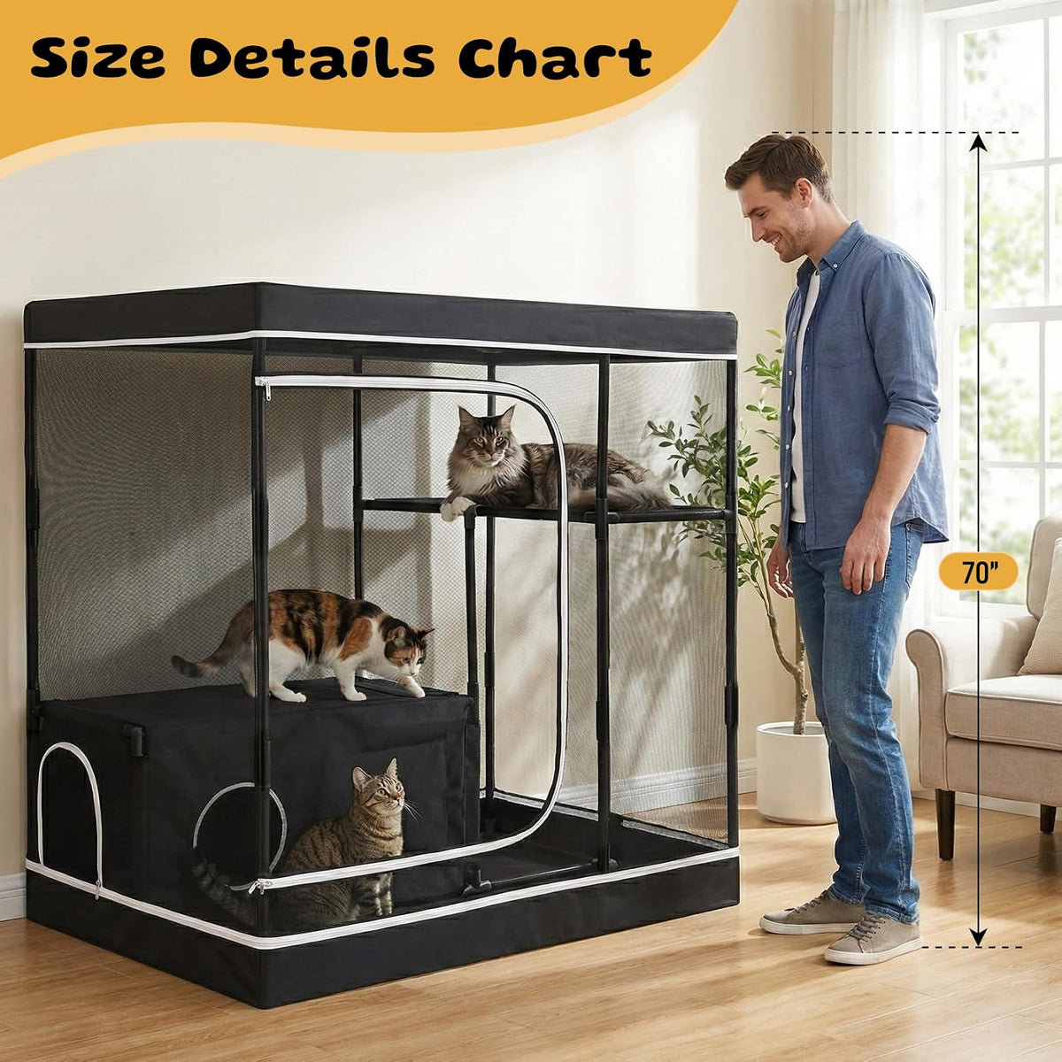 spacious catio indoor outdoor cat enclosure, multi‑level cat, close-up detail
