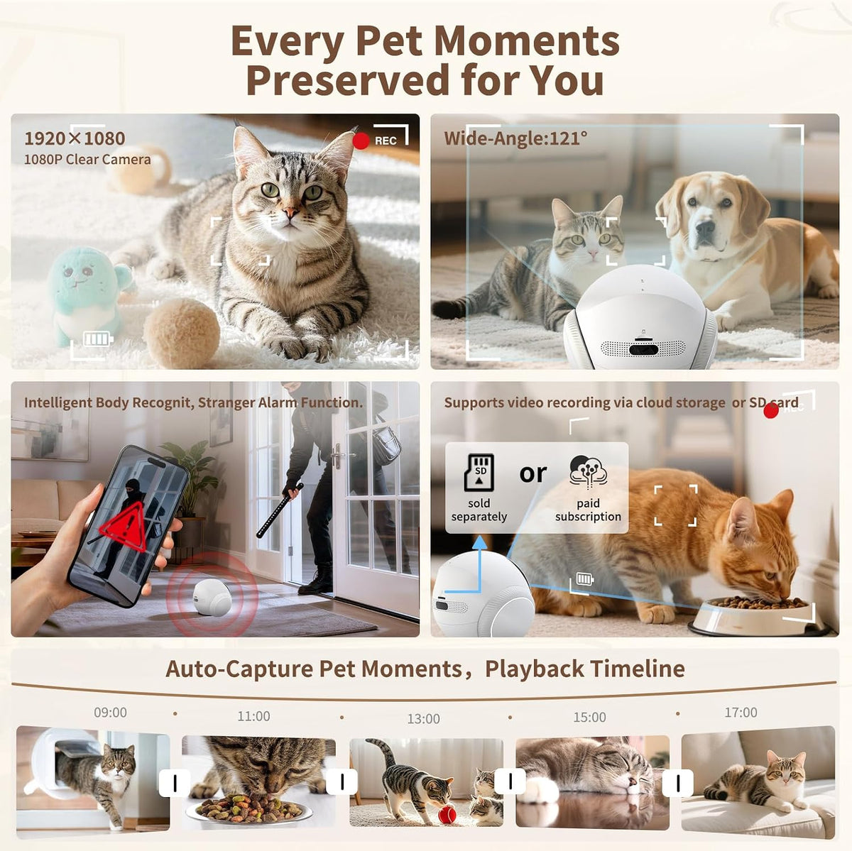1080p moving pet robot camera, smart home security, close-up detail