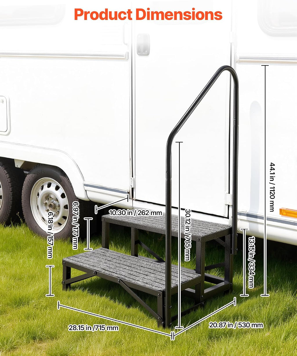 vevor rv steps with handrail, 2 steps, 660, close-up detail