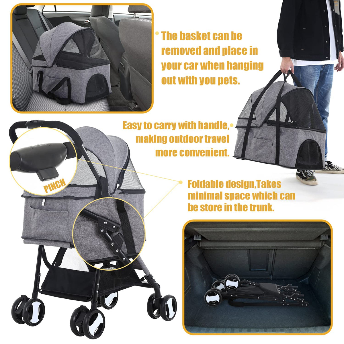 dog stroller 3-in-1 folding dog stroller for medium, close-up detail