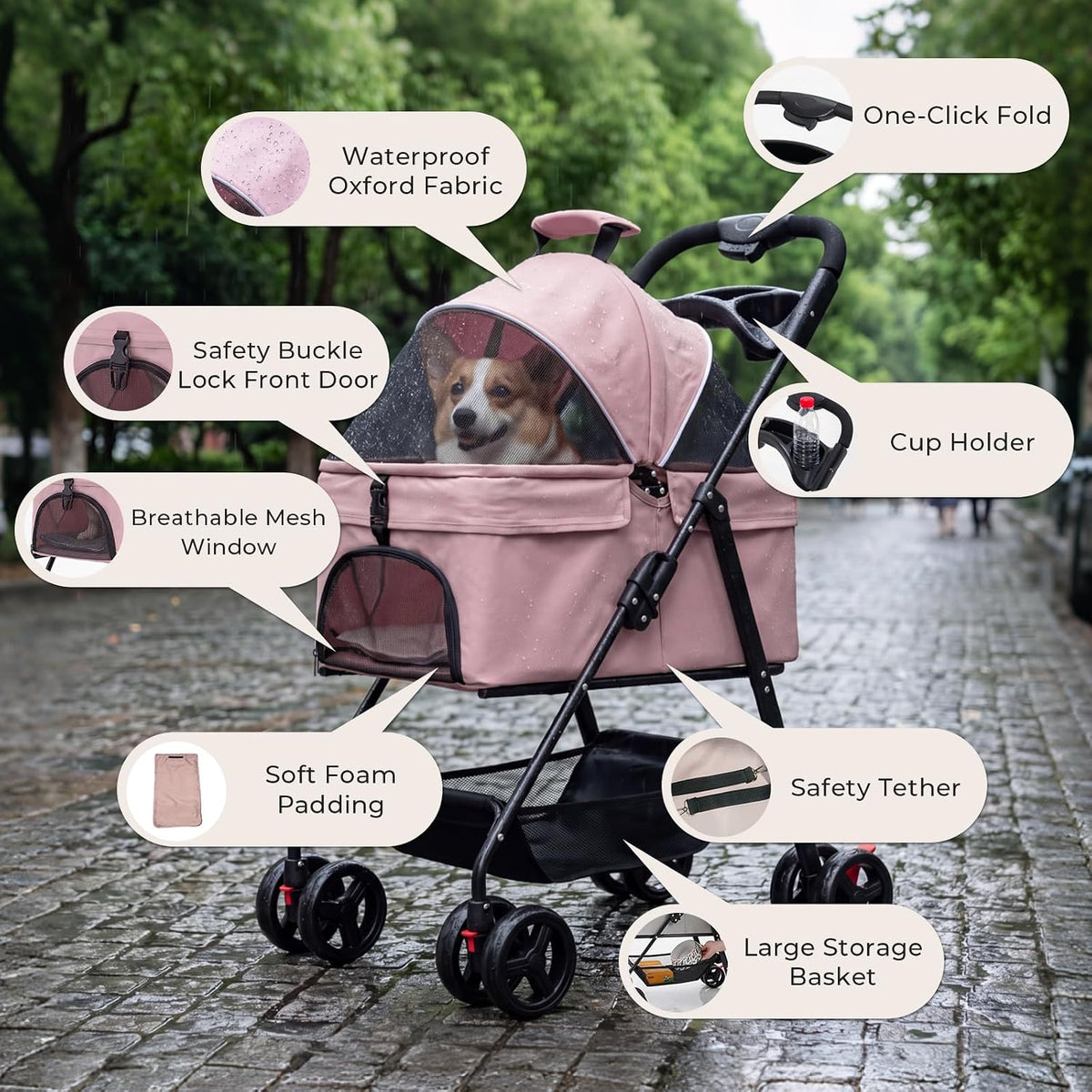 4-wheel pet stroller for small medium dogs cats, close-up detail