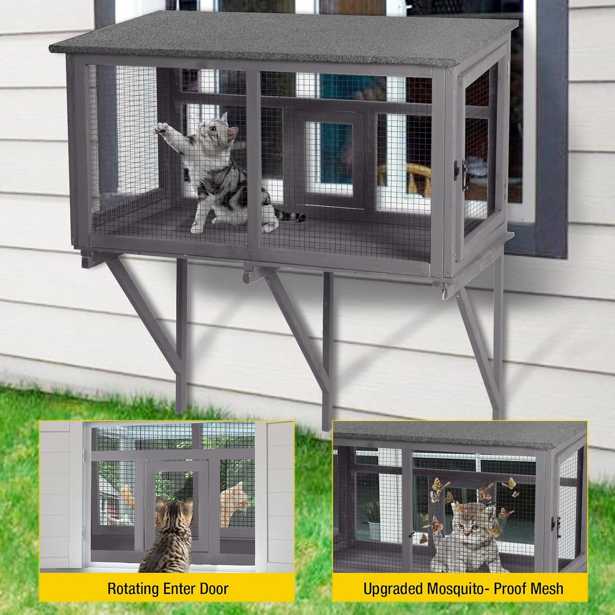 aivituvin catio outdoor cat enclosure, cat window box, close-up detail