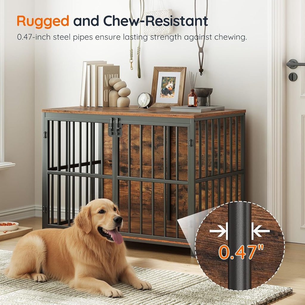 hoobro 38.6" dog crate furniture, wooden dog kennel shown in use