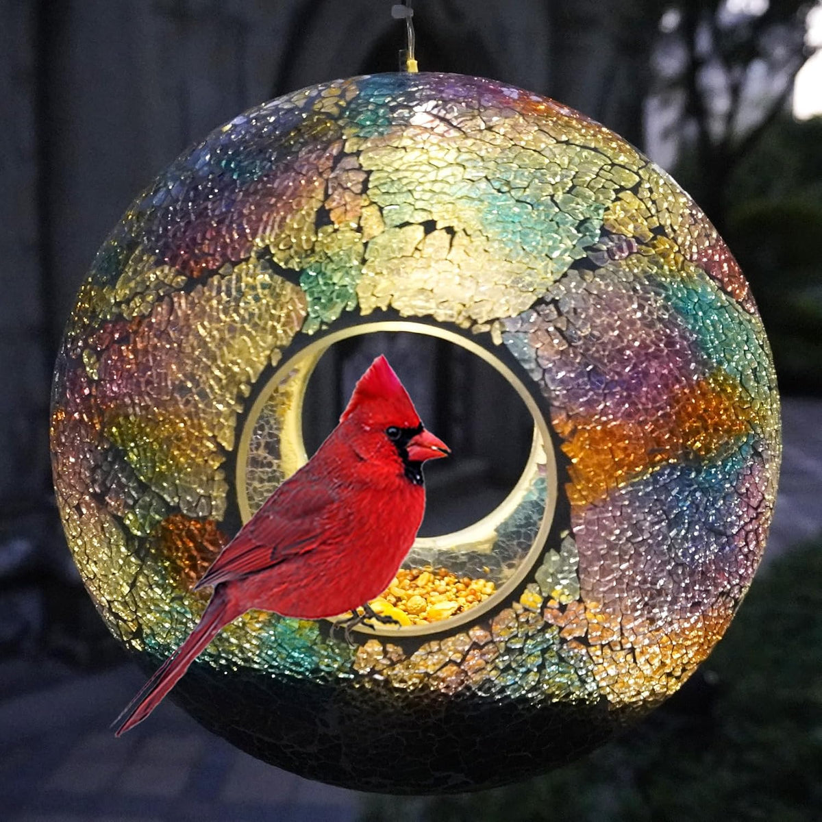 fly through mosaic glass bird feeder with solar, main product view