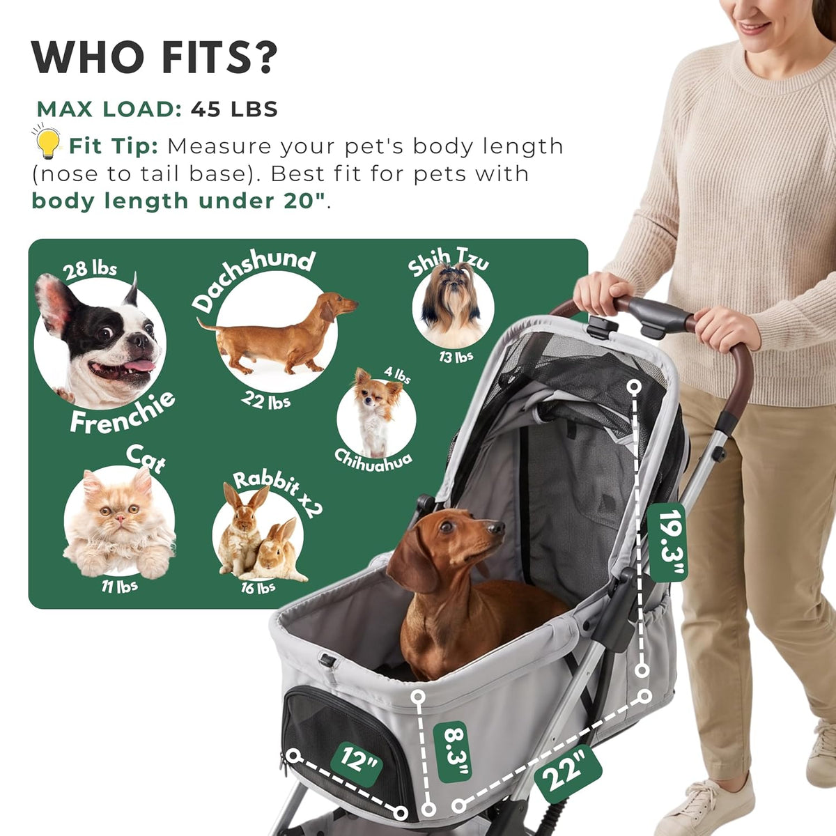 pet stroller for small dogs and cats, one-click, front angle view
