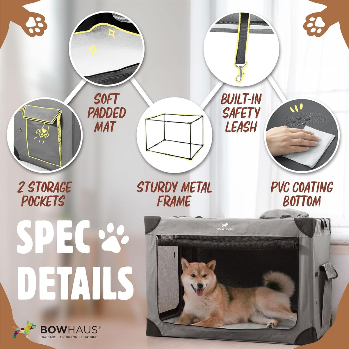 bowhaus 36 inch portable travel dog kennel for showing dimensions