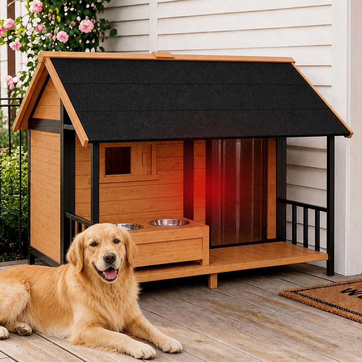 extra large dog house with porch& dog bowls, package contents