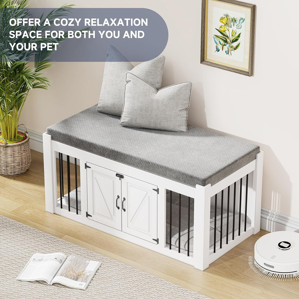 dog crate furniture with padded seat, luxury wooden, close-up detail