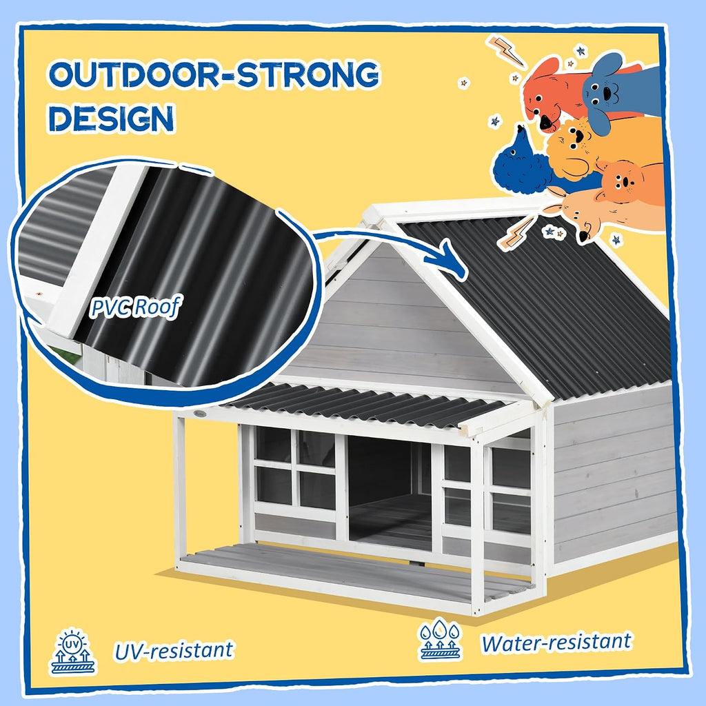 pawhut wooden dog house with porch for large showing dimensions