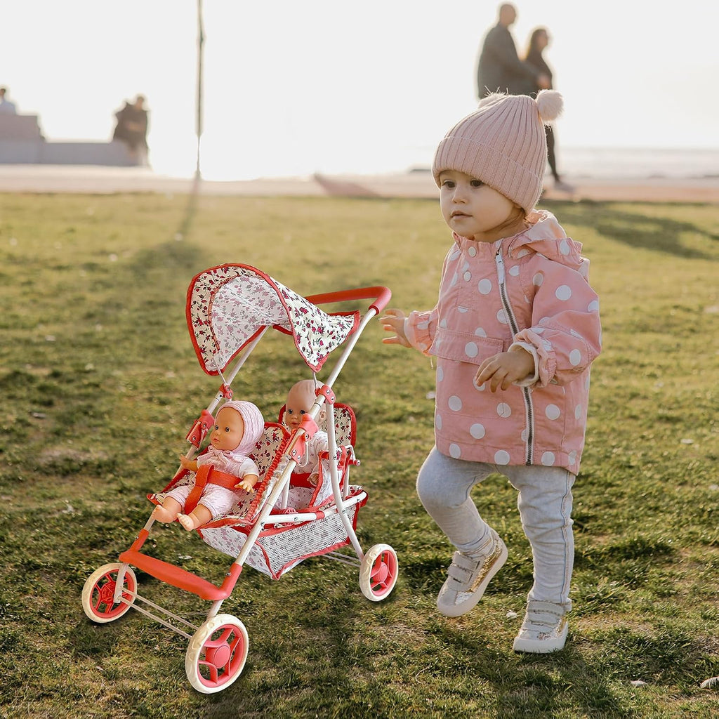 double doll stroller for baby dolls & twin showing dimensions