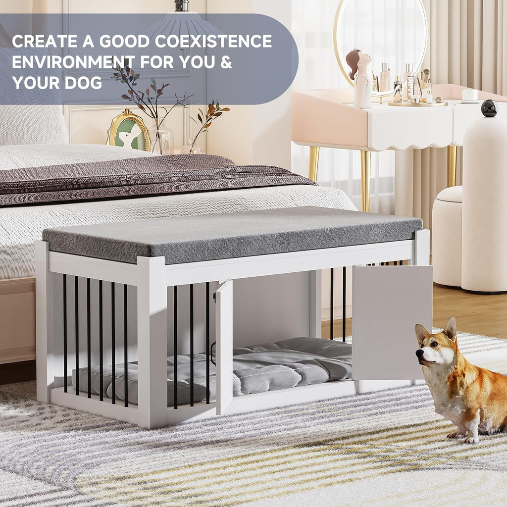 dog crate furniture with padded seat, luxury wooden showing dimensions