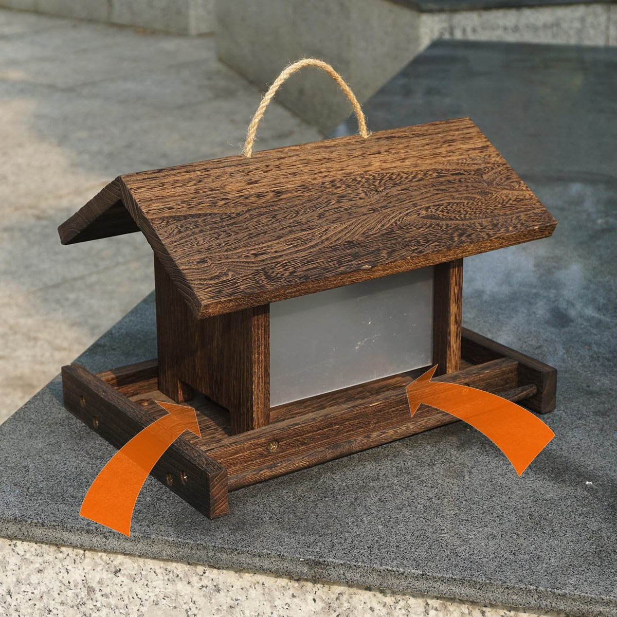 hanging wooden bird feeder outdoor large capacity wood shown in use