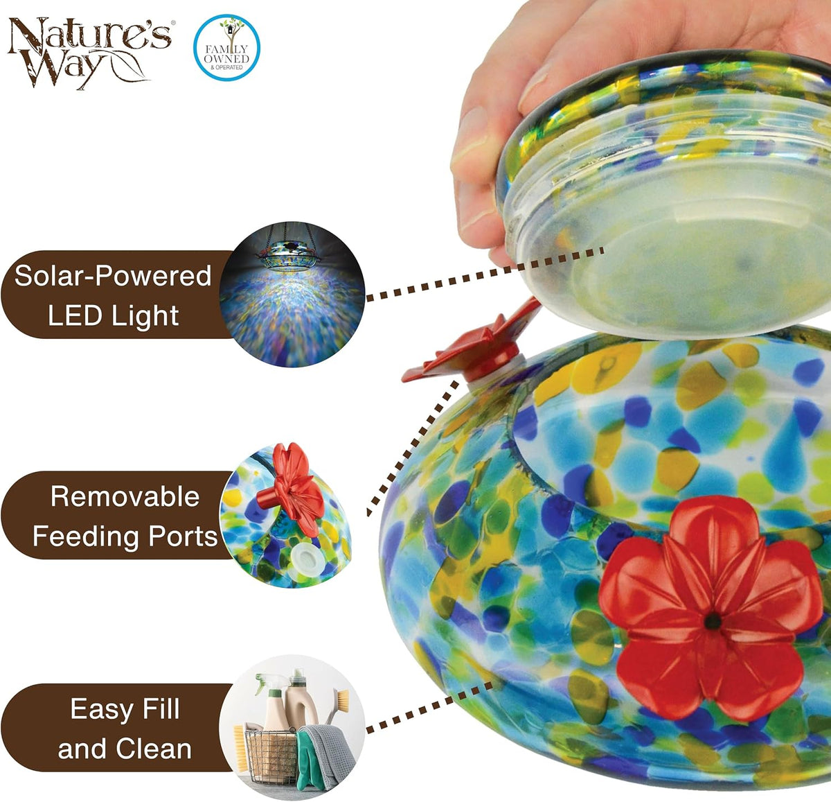 nature’s way blue spring rain artisan glass top-fill, side view