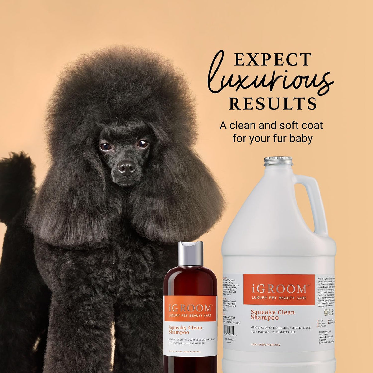 igroom squeaky clean dog shampoo, luxury pet beauty showing dimensions
