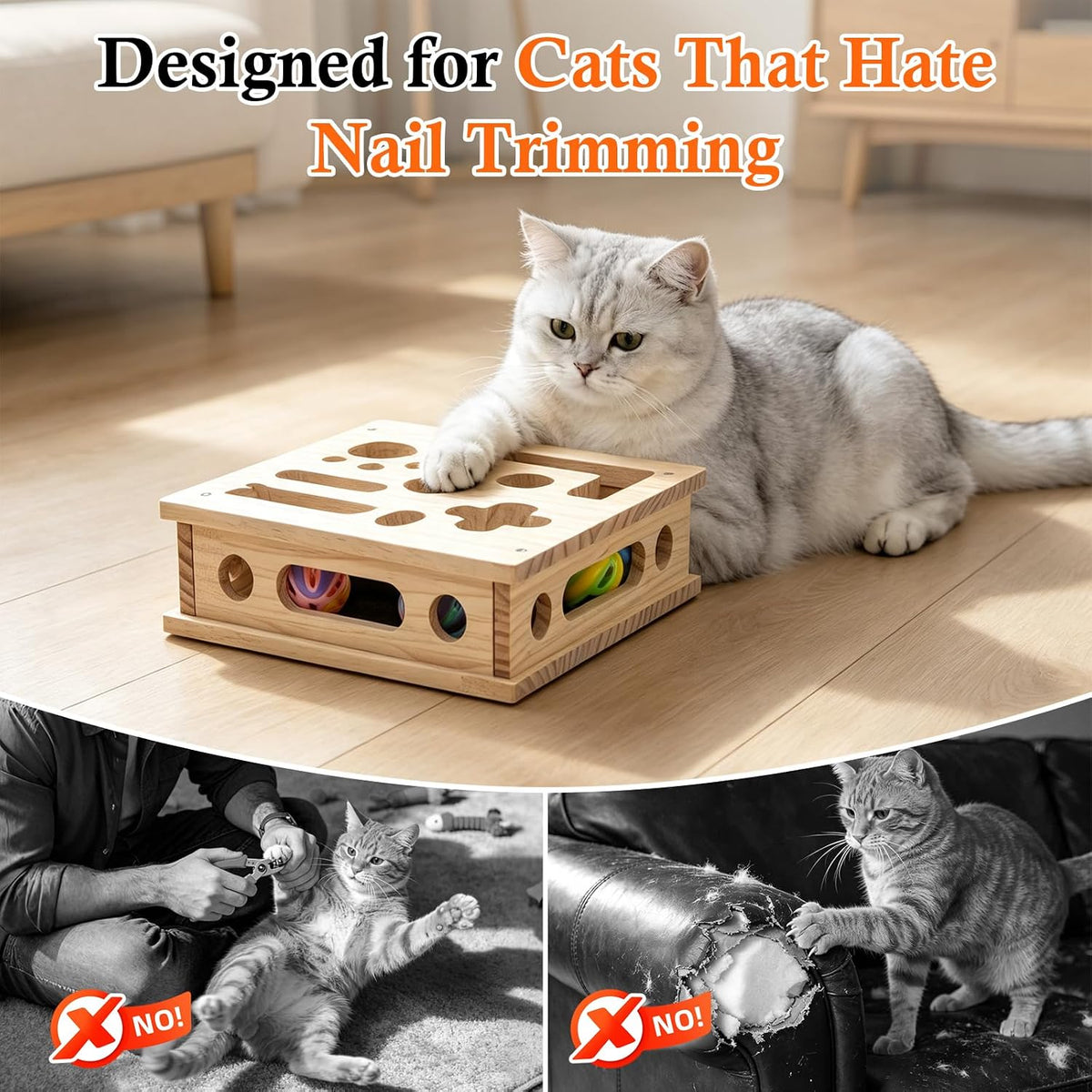 cat nail file enrichment box, sandpaper scratcher toy, side view