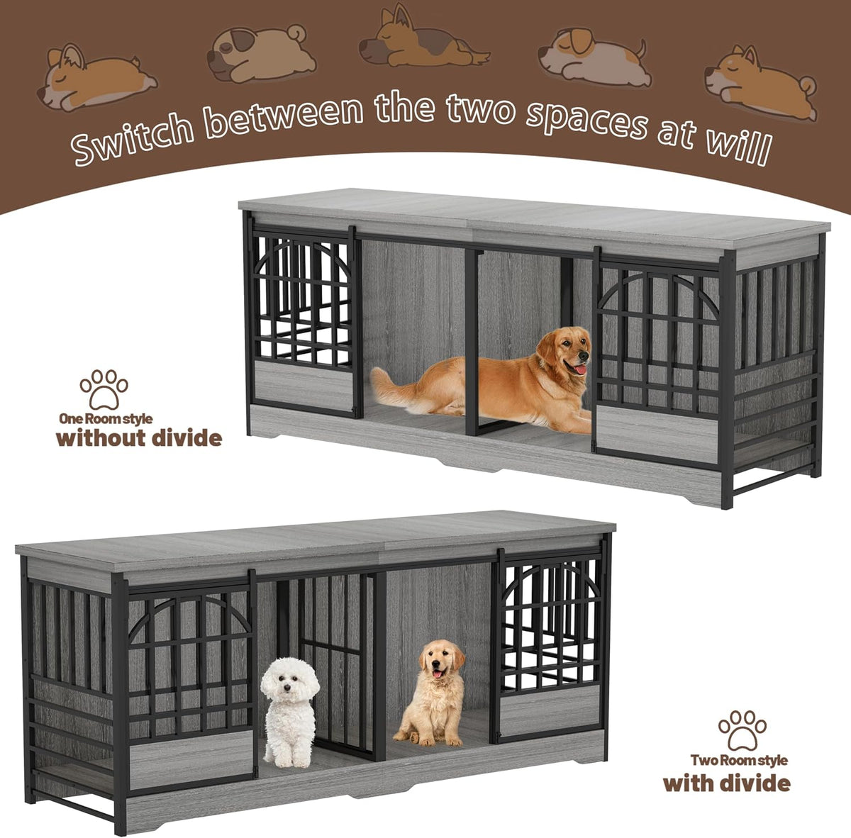 cozpaw 78" double dog crate with divider, grey, close-up detail