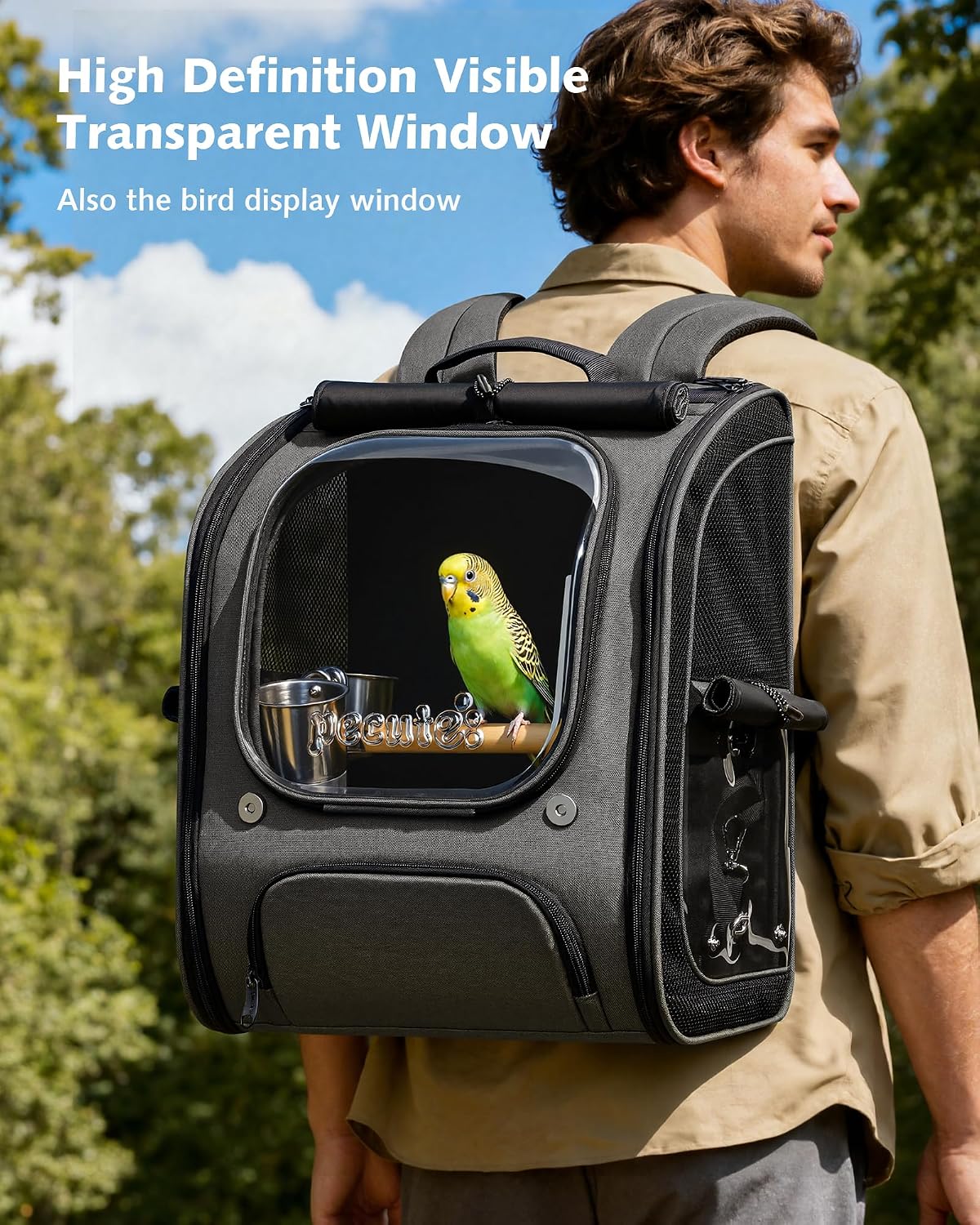 pecute bird backpack carrier with standing perch for, close-up detail