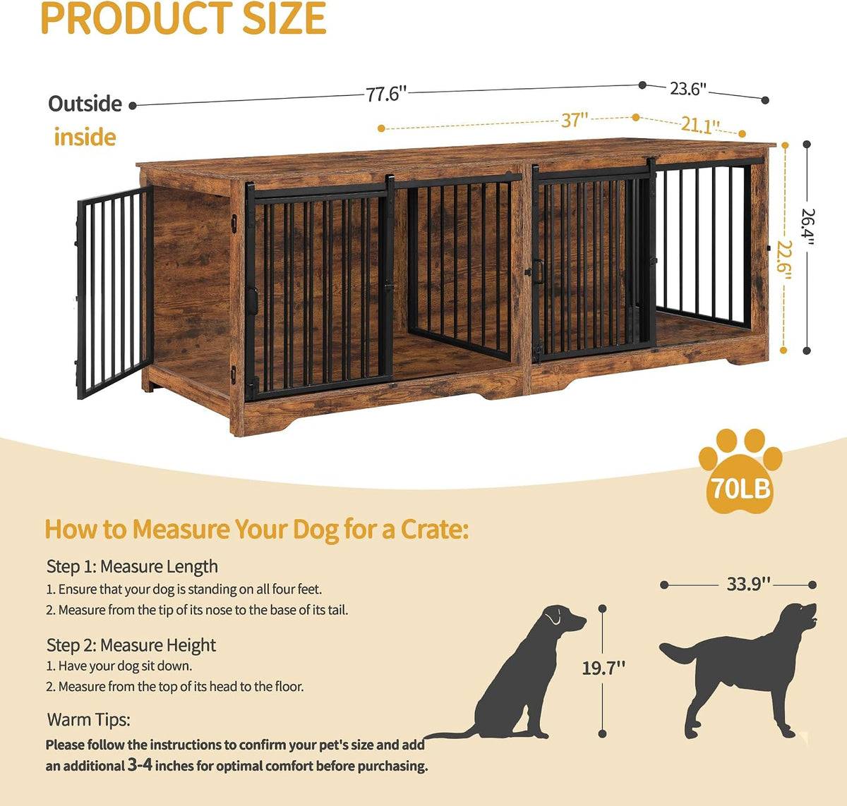 hzuaneri 77.6 in double dog crate furniture, dog shown in use