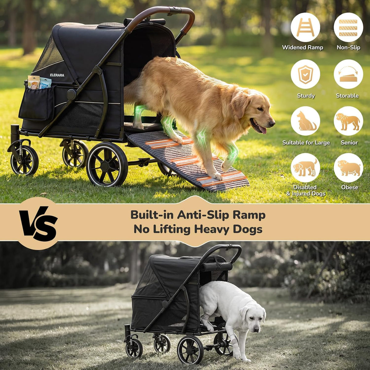 elemara large dog stroller with walk-in ramp, up, close-up detail