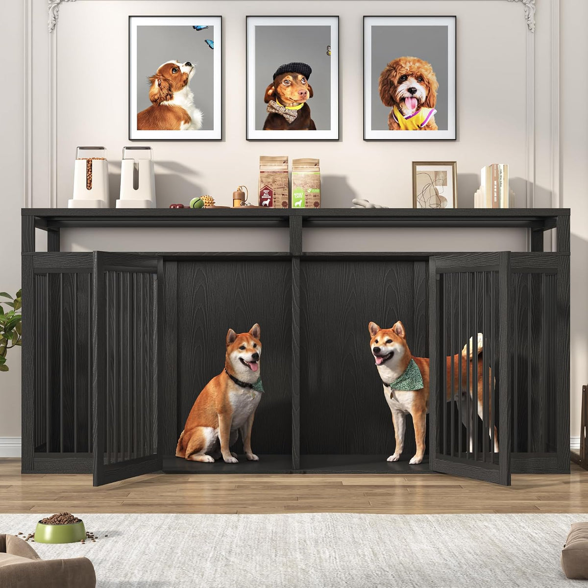 87in farmhouse dog crate tv stand, wooden dog, package contents