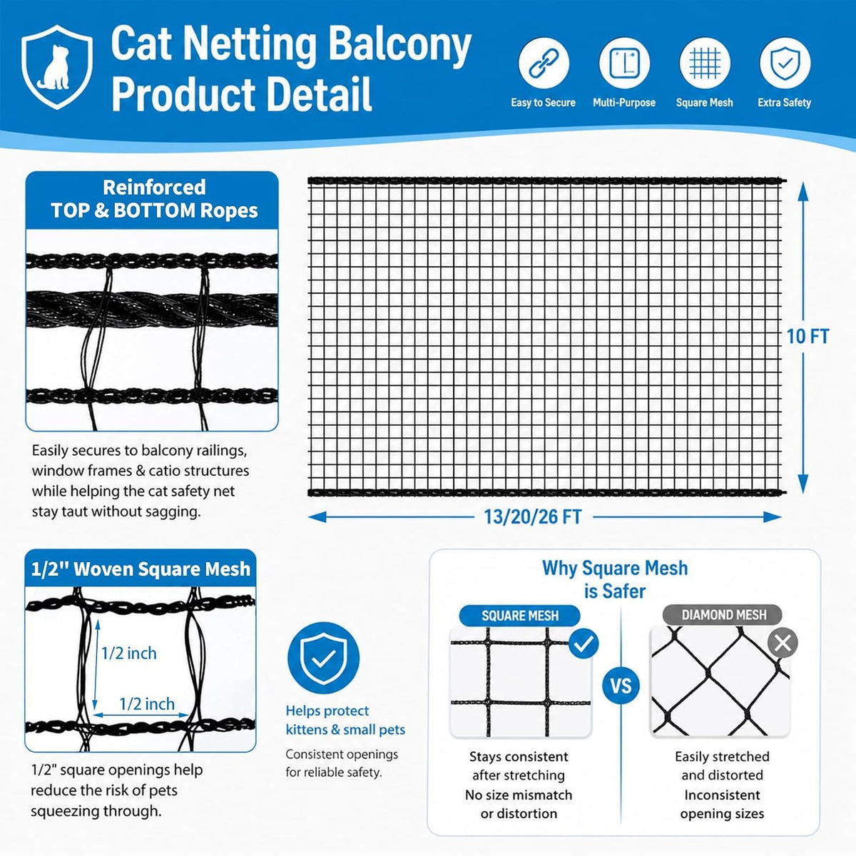 10x26ft cat netting balcony protection, anti-fall safety net shown in use