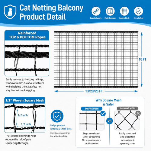 10x26ft cat netting balcony protection, anti-fall safety net shown in use