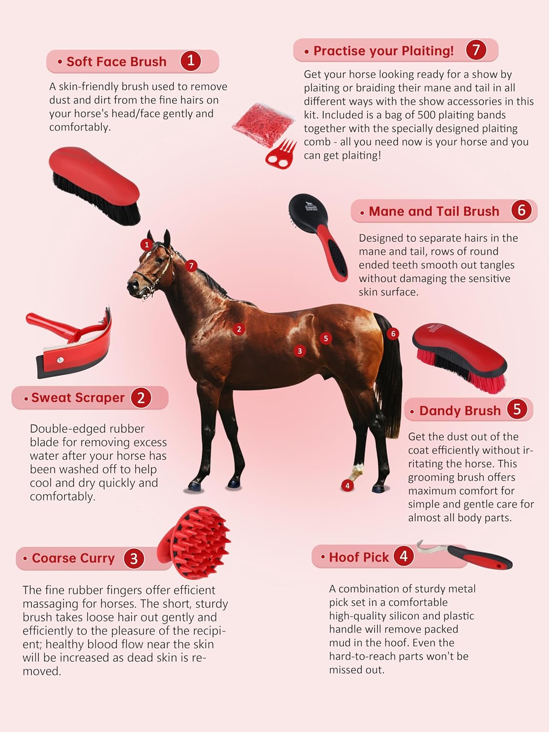 harrison howard horse grooming brushes kit 7 pieces, close-up detail