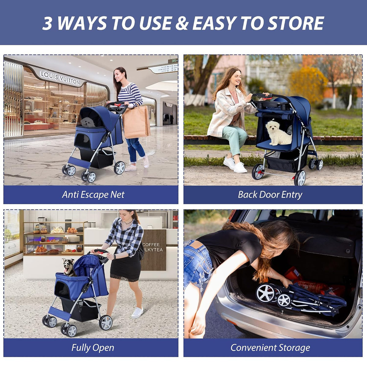 unisakey foldable 4-wheel pet stroller for dogs cats, front angle view