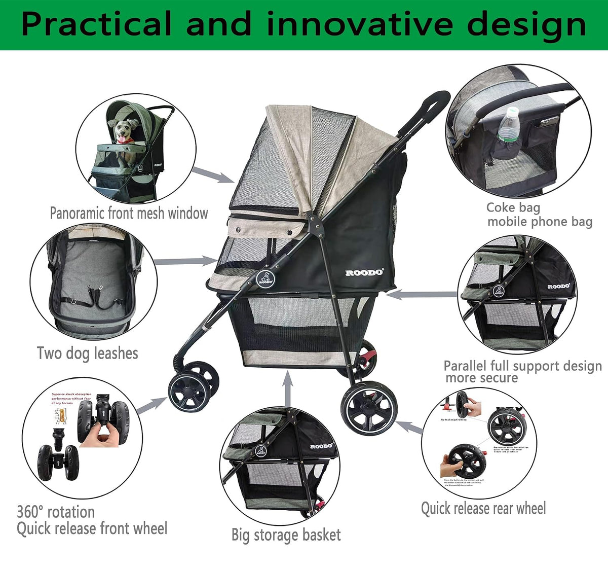 roodo 3 wheel dog pet cat stroller best showing dimensions