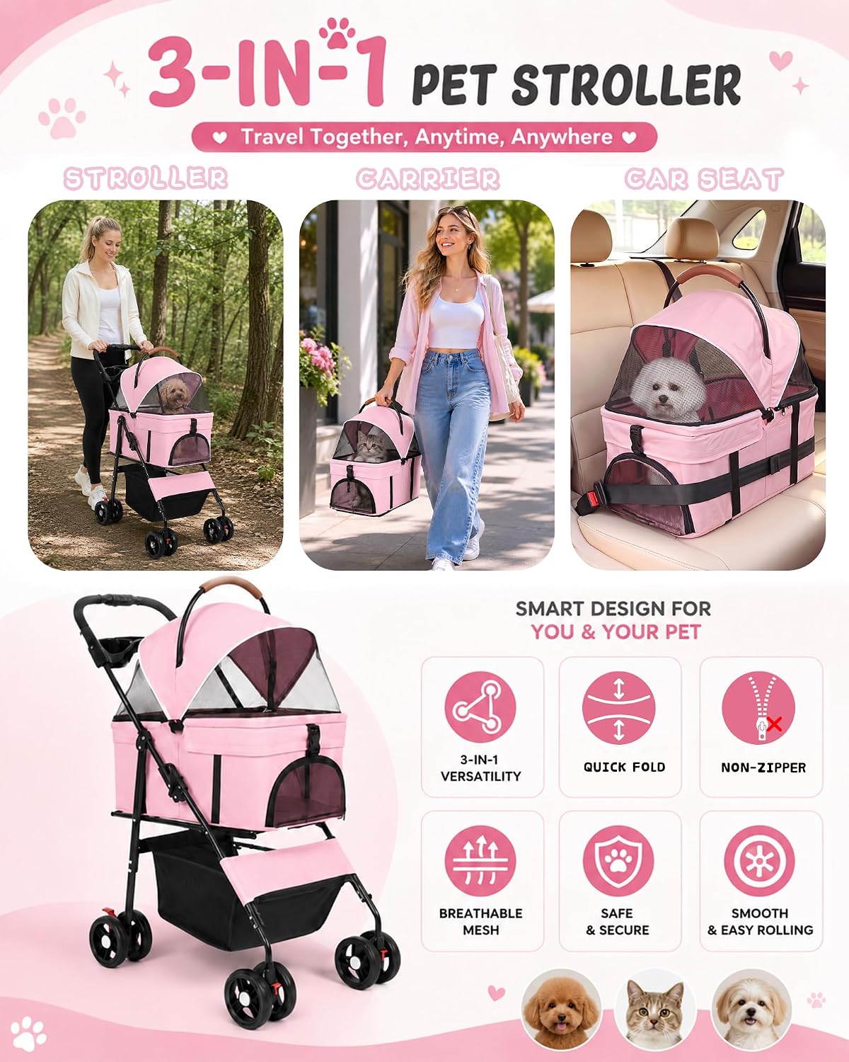 pet stroller, 3 in1 foldable dog cat stroller, close-up detail
