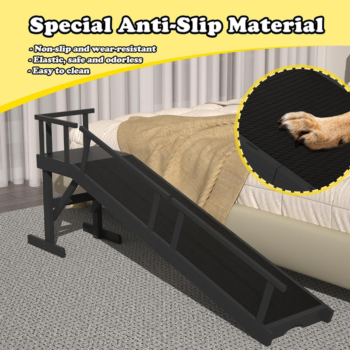 61" dog ramp for high bed, birchwood with, close-up detail