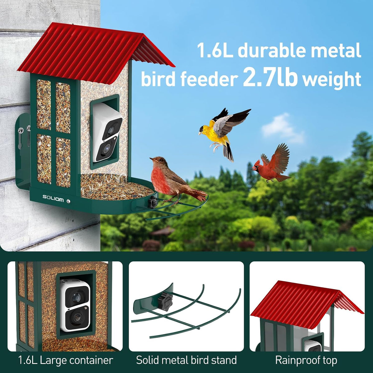 soliom smart bird feeder with camera for outdoors, side view