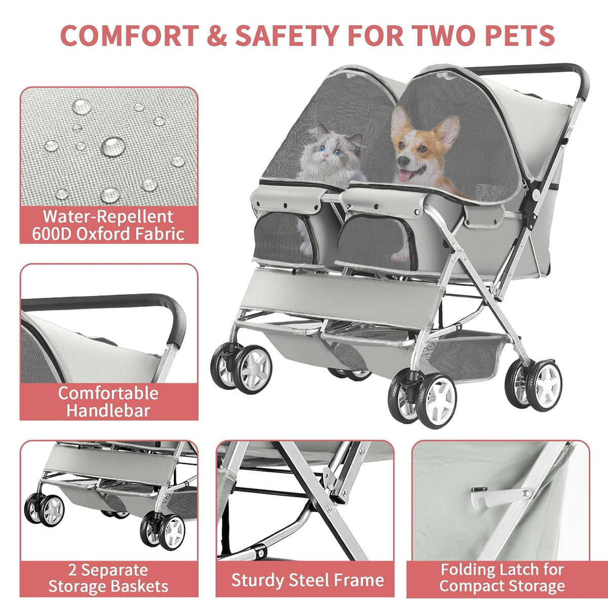 double pet stroller for 2 dogs & cats showing dimensions