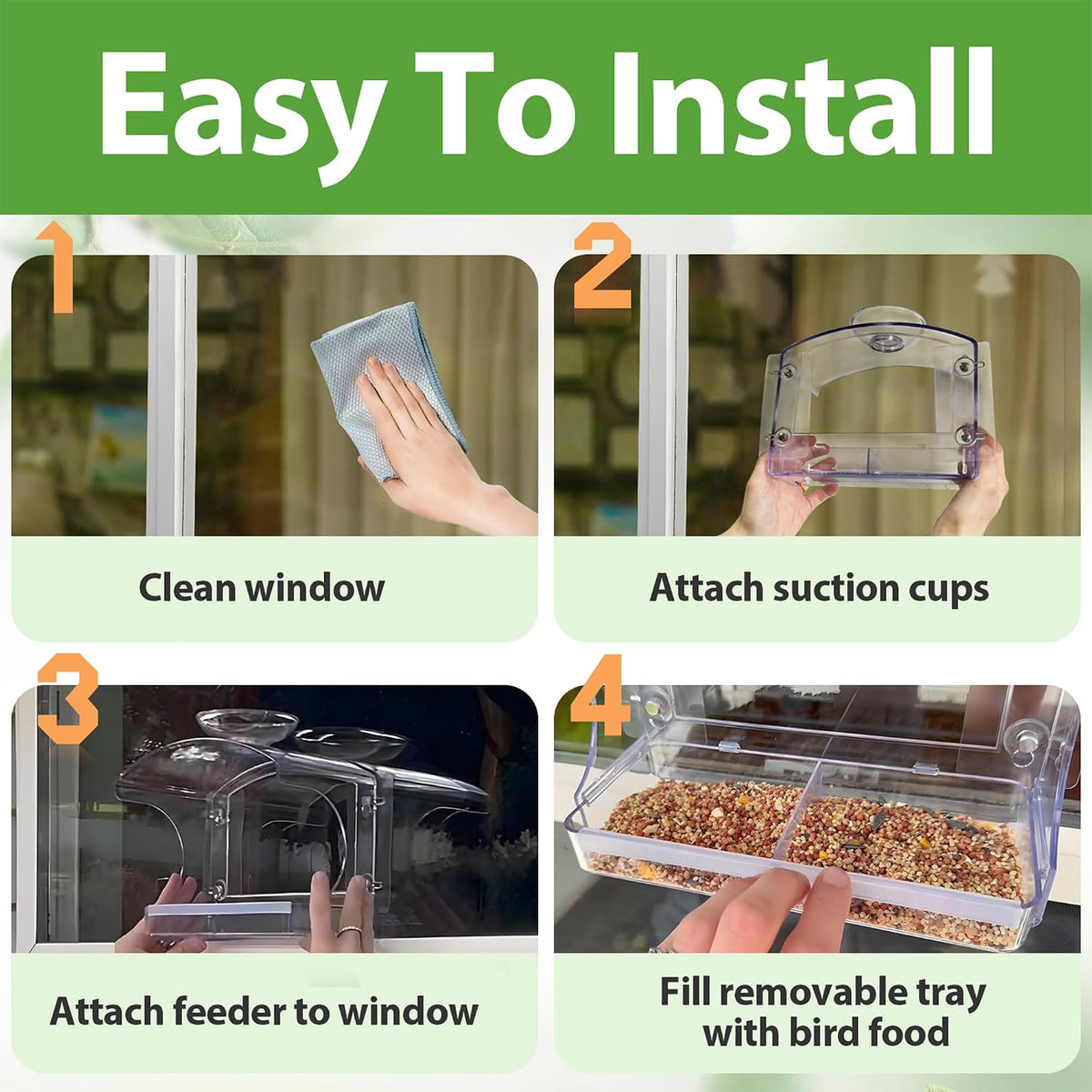 goodeco clear window bird feeder with water bowl showing dimensions