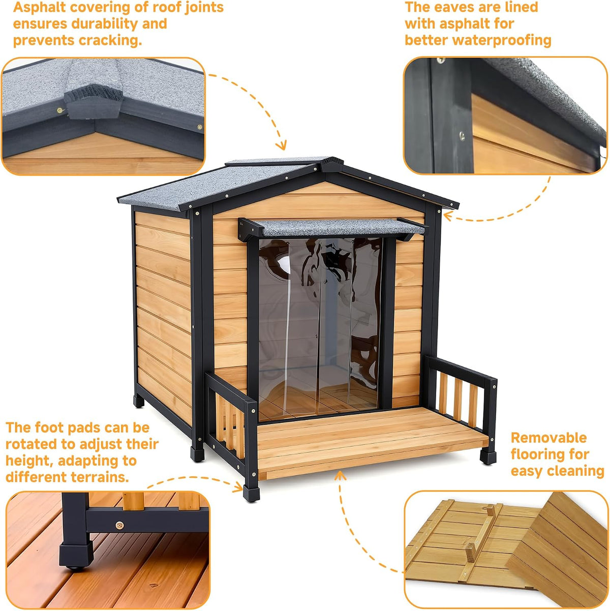 large dog house outdoor, wood weatherproof shelter with, side view