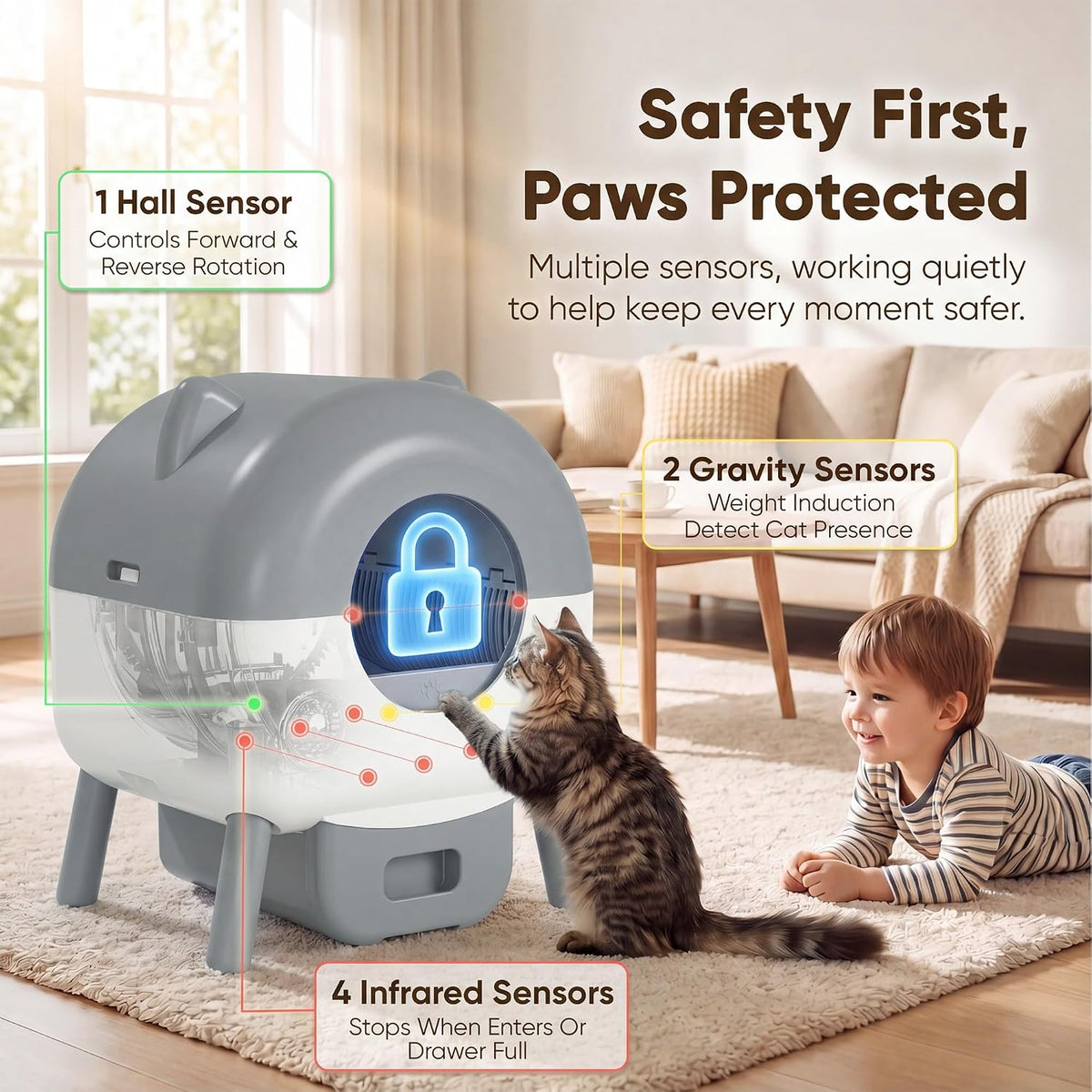 greesum self-cleaning cat litter box with app control, close-up detail