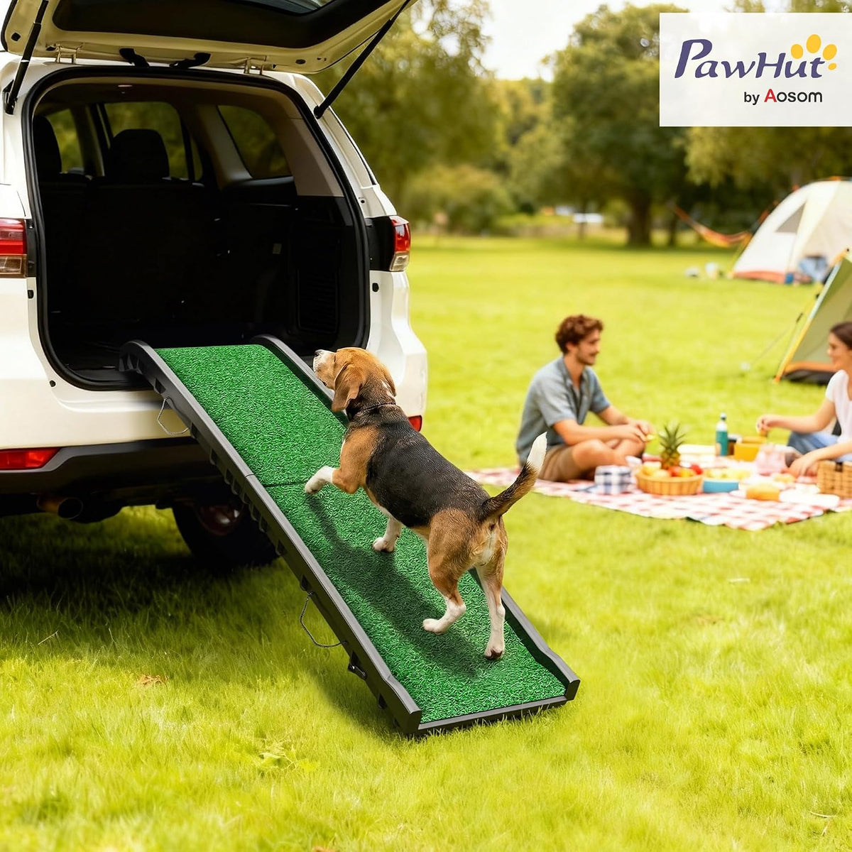 pawhut folding dog ramp, 61 inches portable pet shown in use