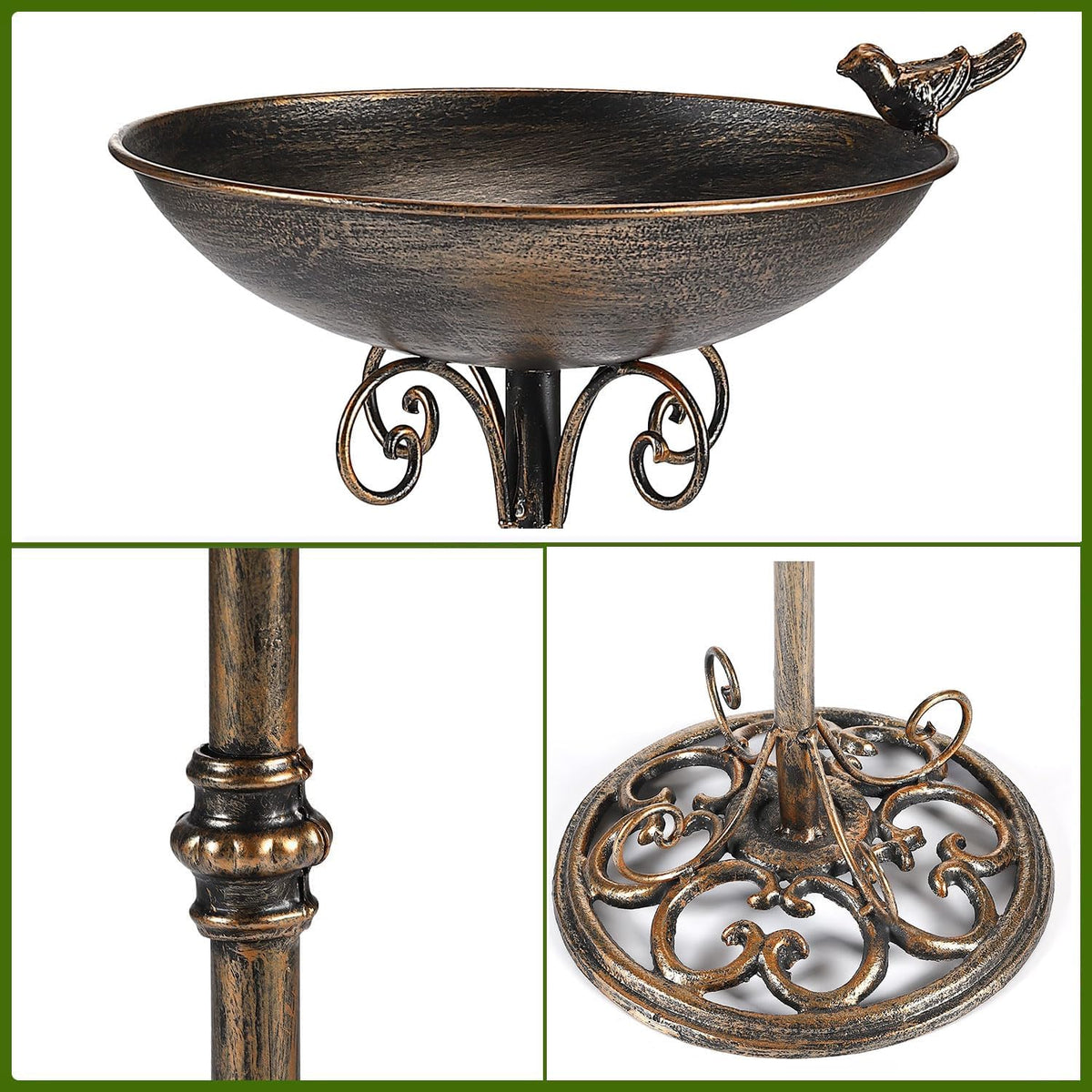 11.4" w*27.6" h cast iron pedestal bird bath showing dimensions