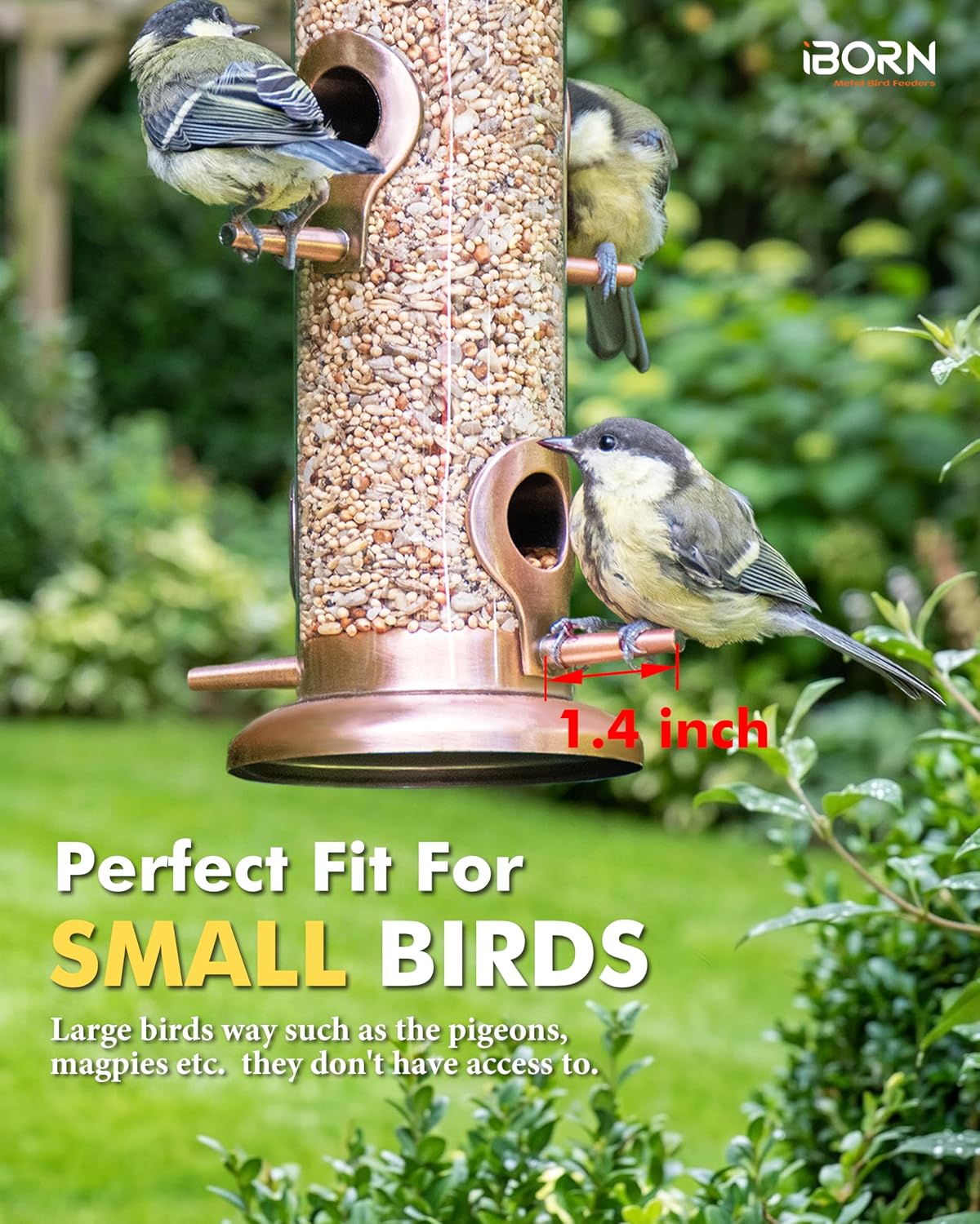 iborn bird feeders for outdoors 15" 6 ports showing dimensions