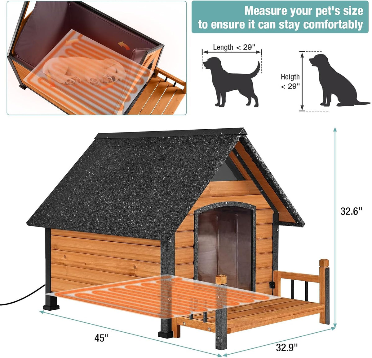 insulated dog house with heating pad, weatherproof outdoor showing dimensions