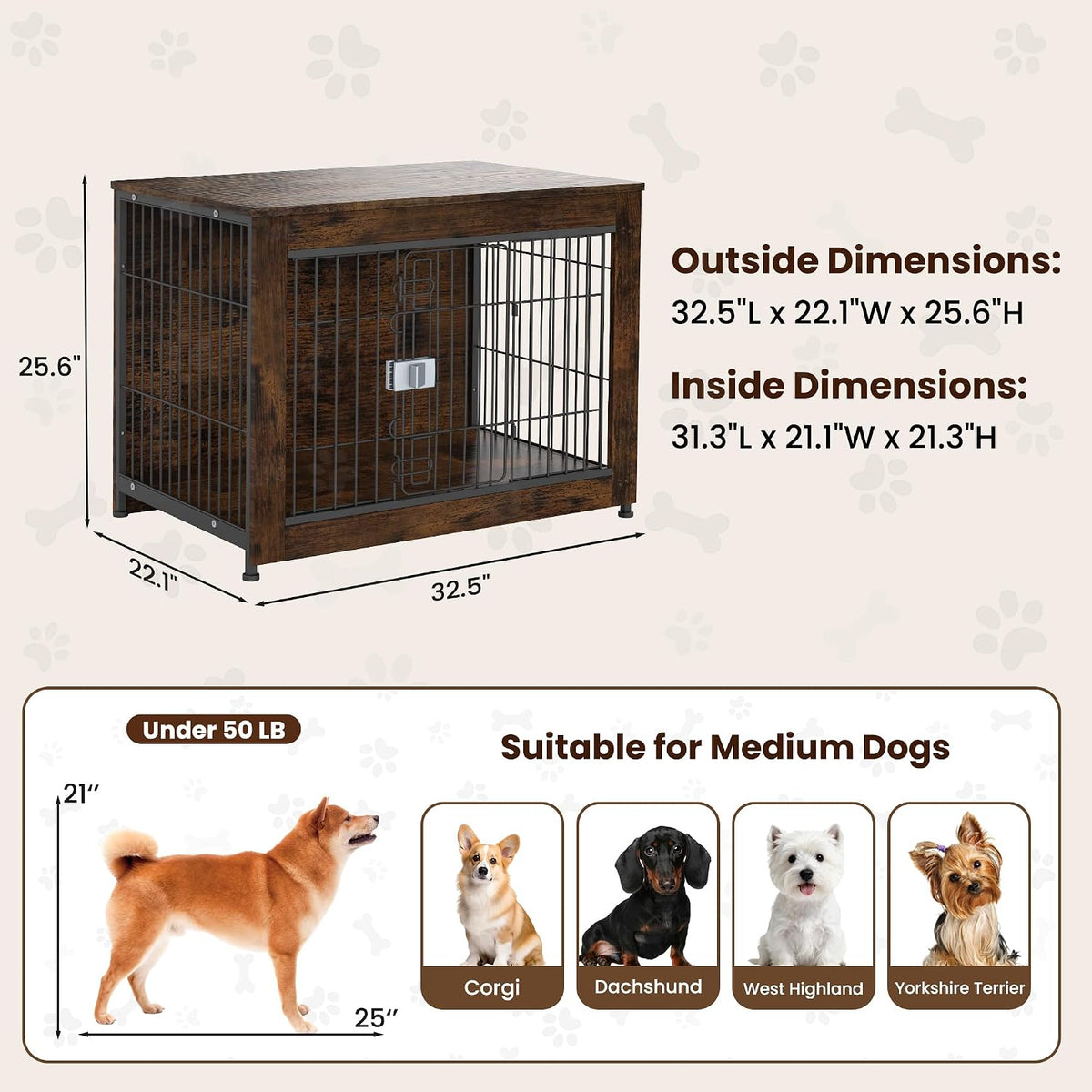 wooden dog crate furniture 32" for high anxiety, close-up detail