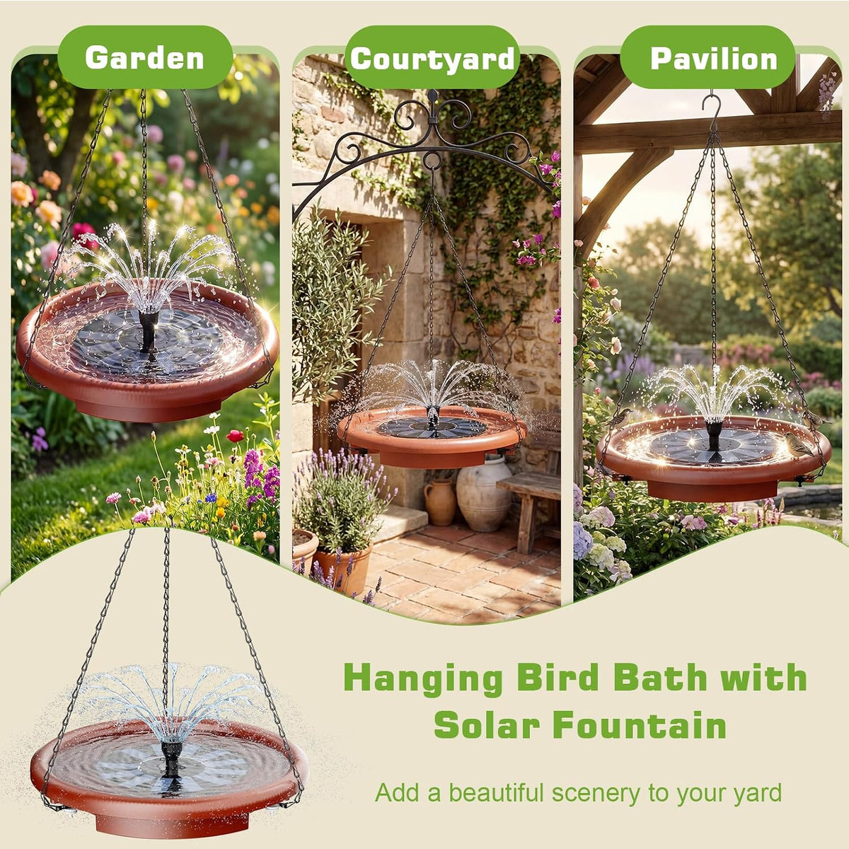 aisitin 15" hanging solar bird bath with solar, side view