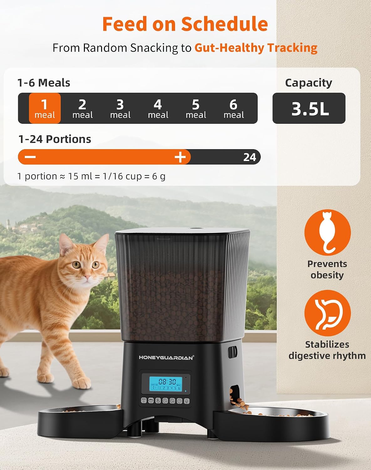 honeyguardian automatic cat feeder for 2 cats, automatic, side view